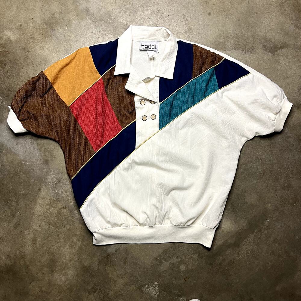 Teddi Button Collared Tennis Shirt Women's Petit 14 Color Block Vintage 80's
